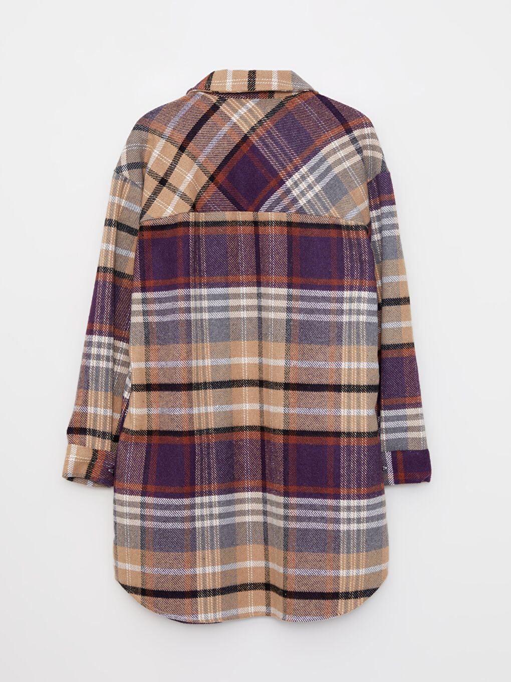 Mor Önden Düğme Kapamalı Ekose Uzun Kollu Gabardin Kadın Gömlek Ceket-6