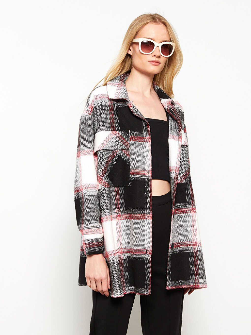 Siyah Önden Düğme Kapamalı Ekose Uzun Kollu Gabardin Kadın Gömlek Ceket-2