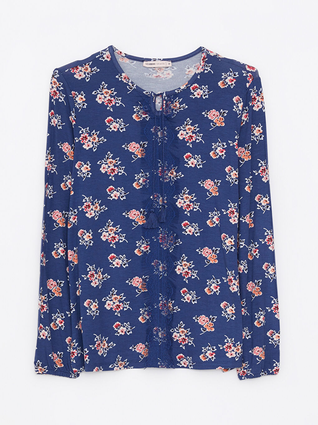 İndigo Bağlamalı Yaka Çiçekli Uzun Kollu Kadın Bluz-5
