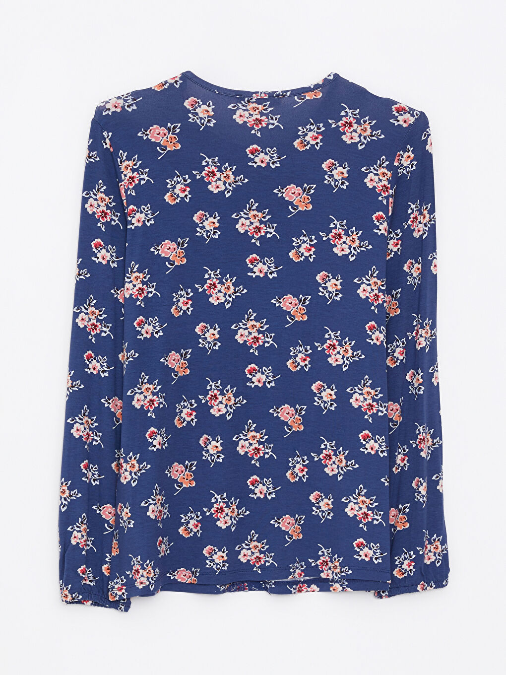 İndigo Bağlamalı Yaka Çiçekli Uzun Kollu Kadın Bluz-6