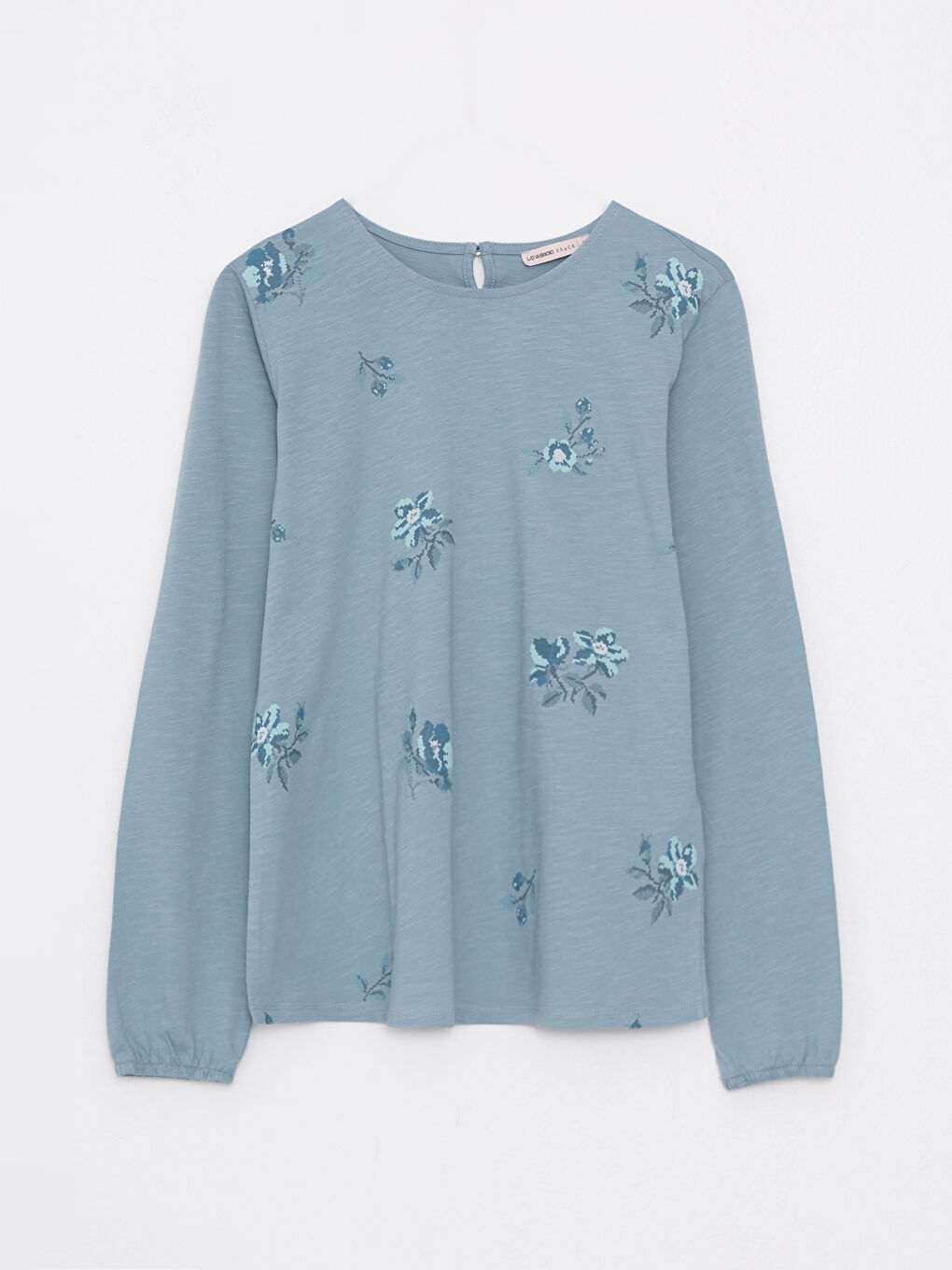 Mavi Bisiklet Yaka Nakışlı Uzun Kollu Pamuklu Kadın Tişört-5