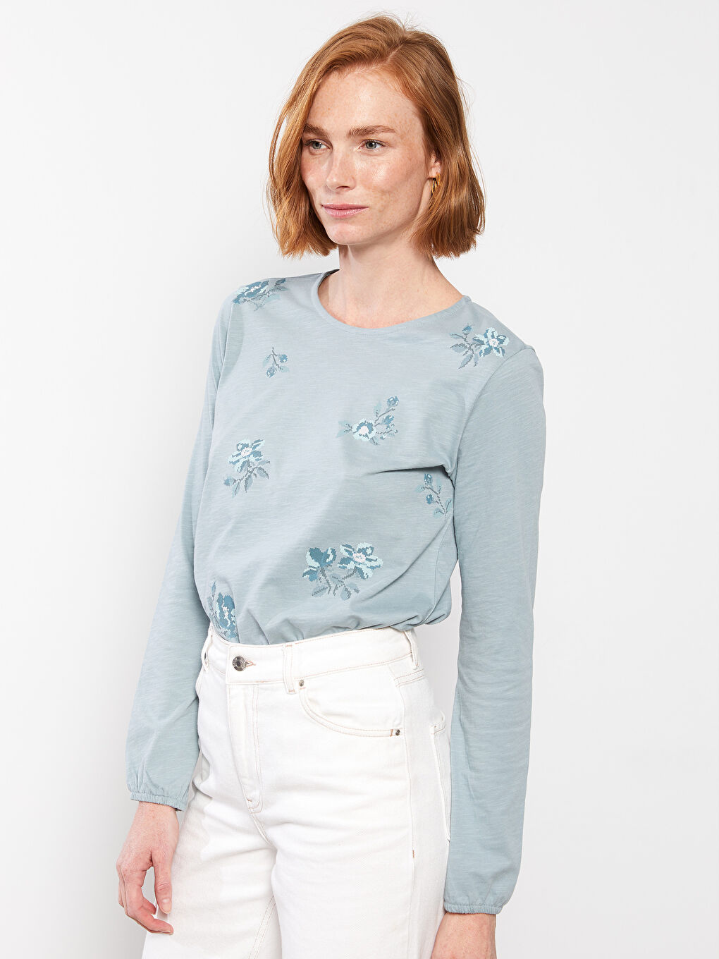 Mavi Bisiklet Yaka Nakışlı Uzun Kollu Pamuklu Kadın Tişört-2