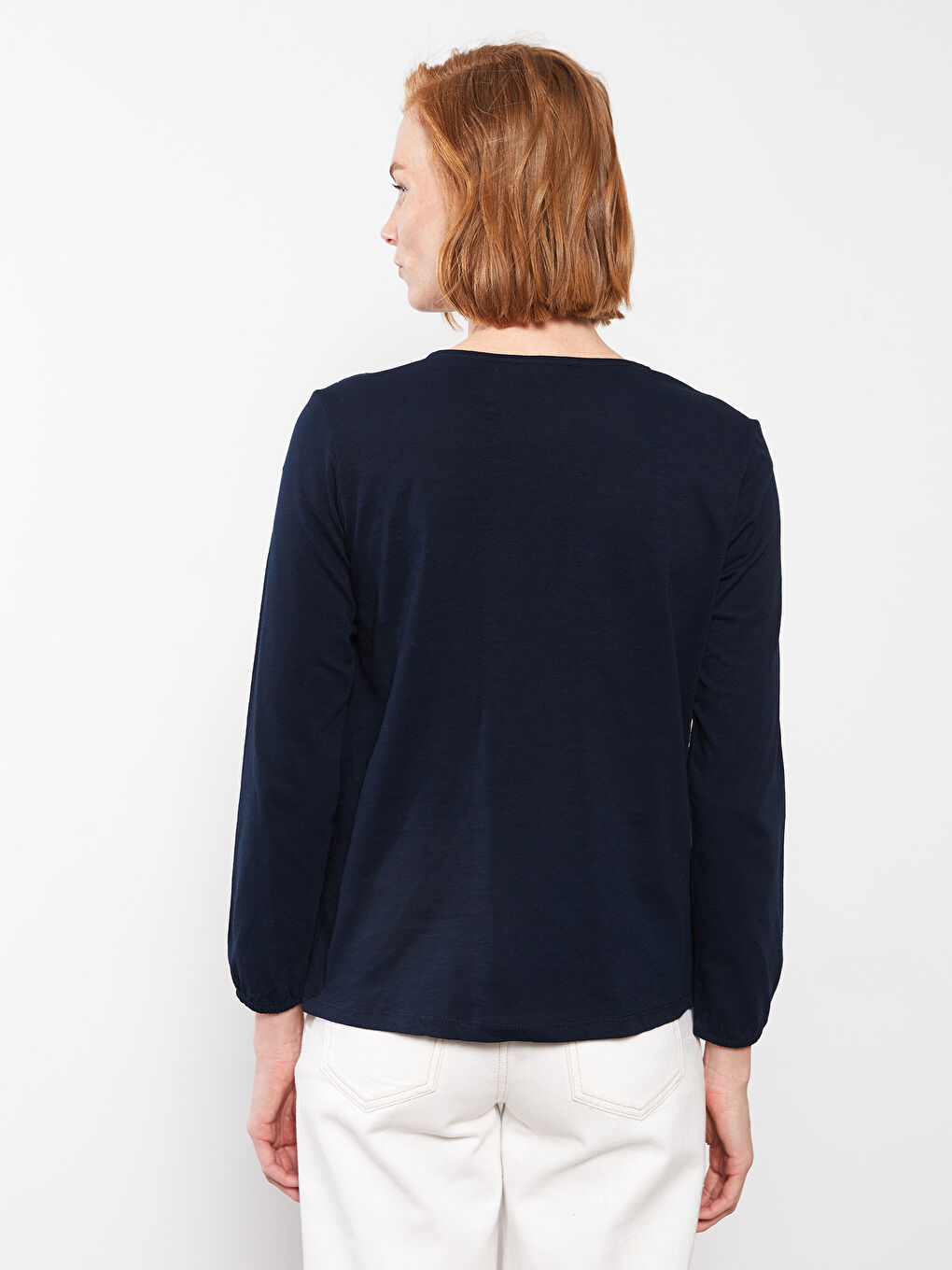 Lacivert Bağlama Yaka Nakışlı Uzun Kollu Pamuklu Kadın Bluz-4