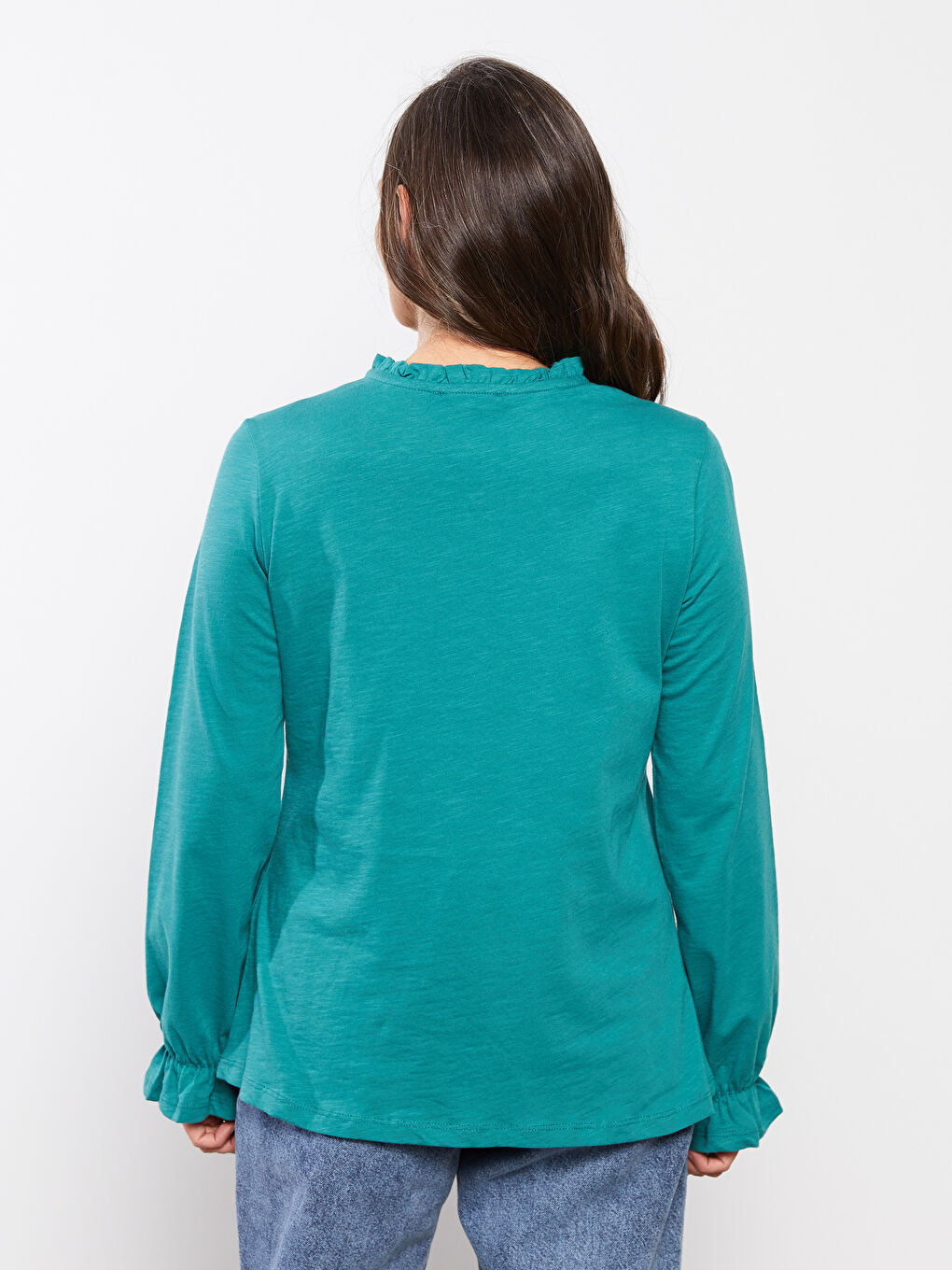 Turkuaz Fırfırlı Bağlamalı Yaka Nakışlı Uzun Kollu Pamuklu Kadın Bluz-4