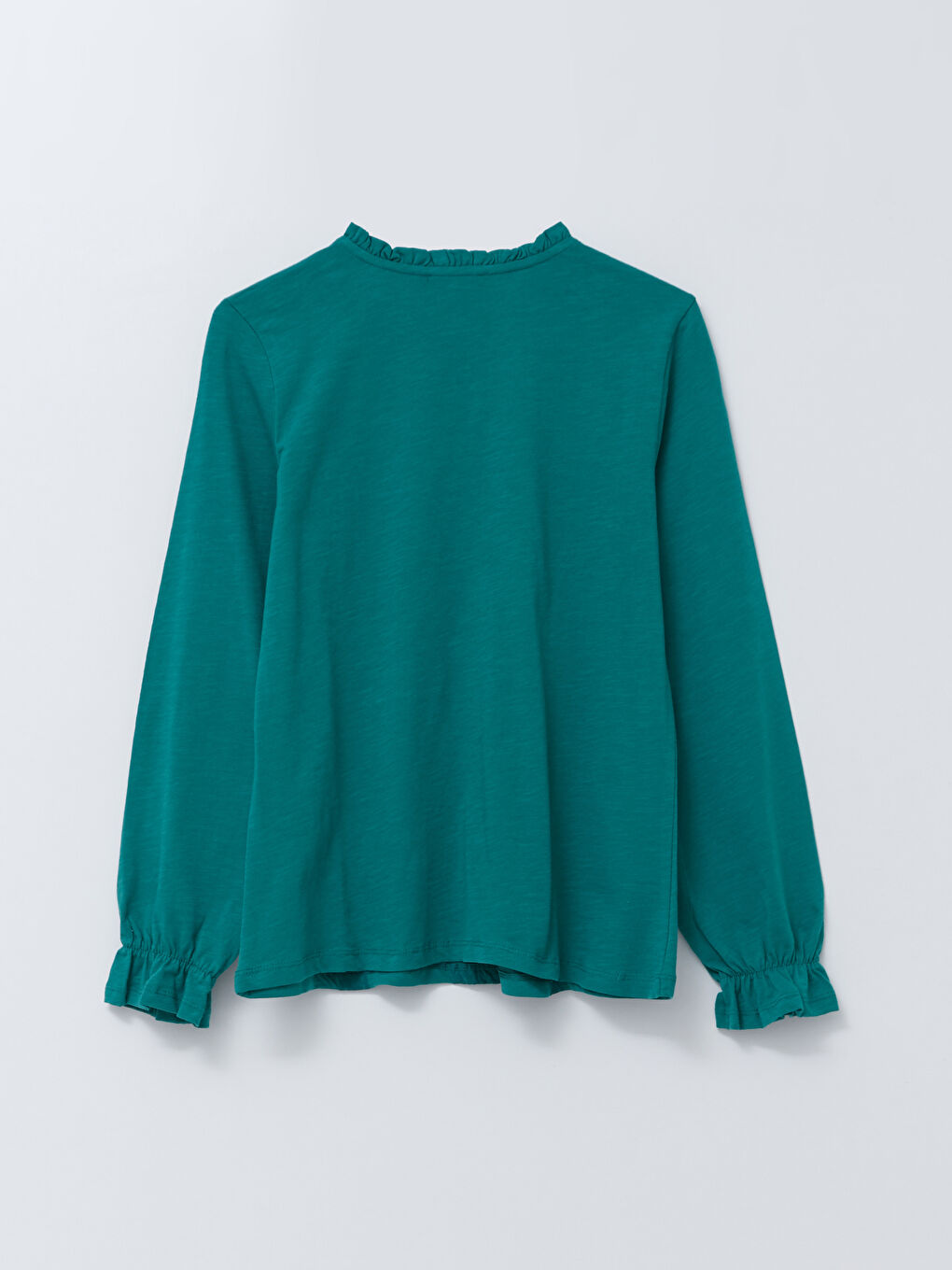 Turkuaz Fırfırlı Bağlamalı Yaka Nakışlı Uzun Kollu Pamuklu Kadın Bluz-6