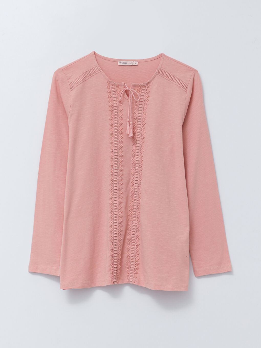 Pembe Bağlamalı Yaka Nakışlı Uzun Kollu Pamuklu Kadın Tişört-5
