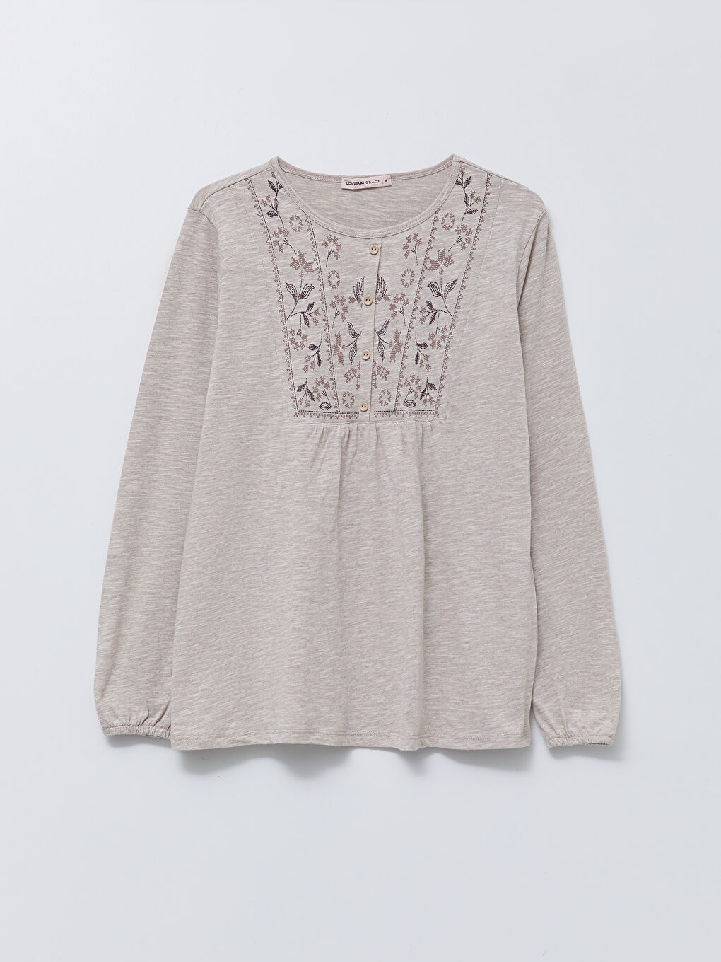 تي شيرت ياقة دائرية مطرز كم طويل للسيدات-6