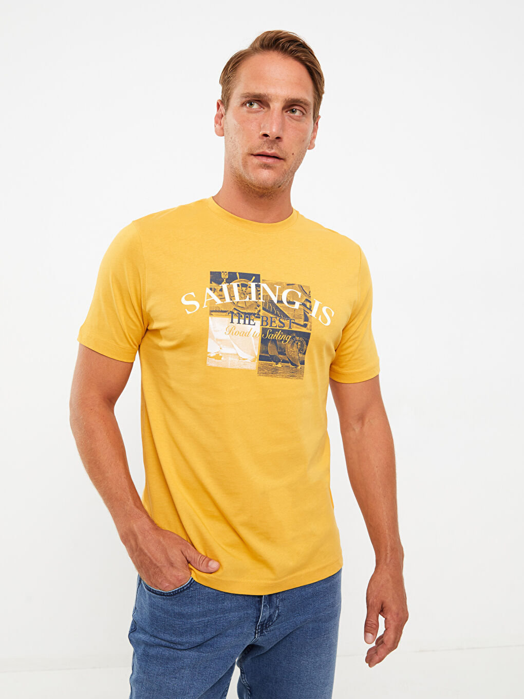 Sarı Bisiklet Yaka Kısa Kollu Baskılı Penye Erkek Tişört-1