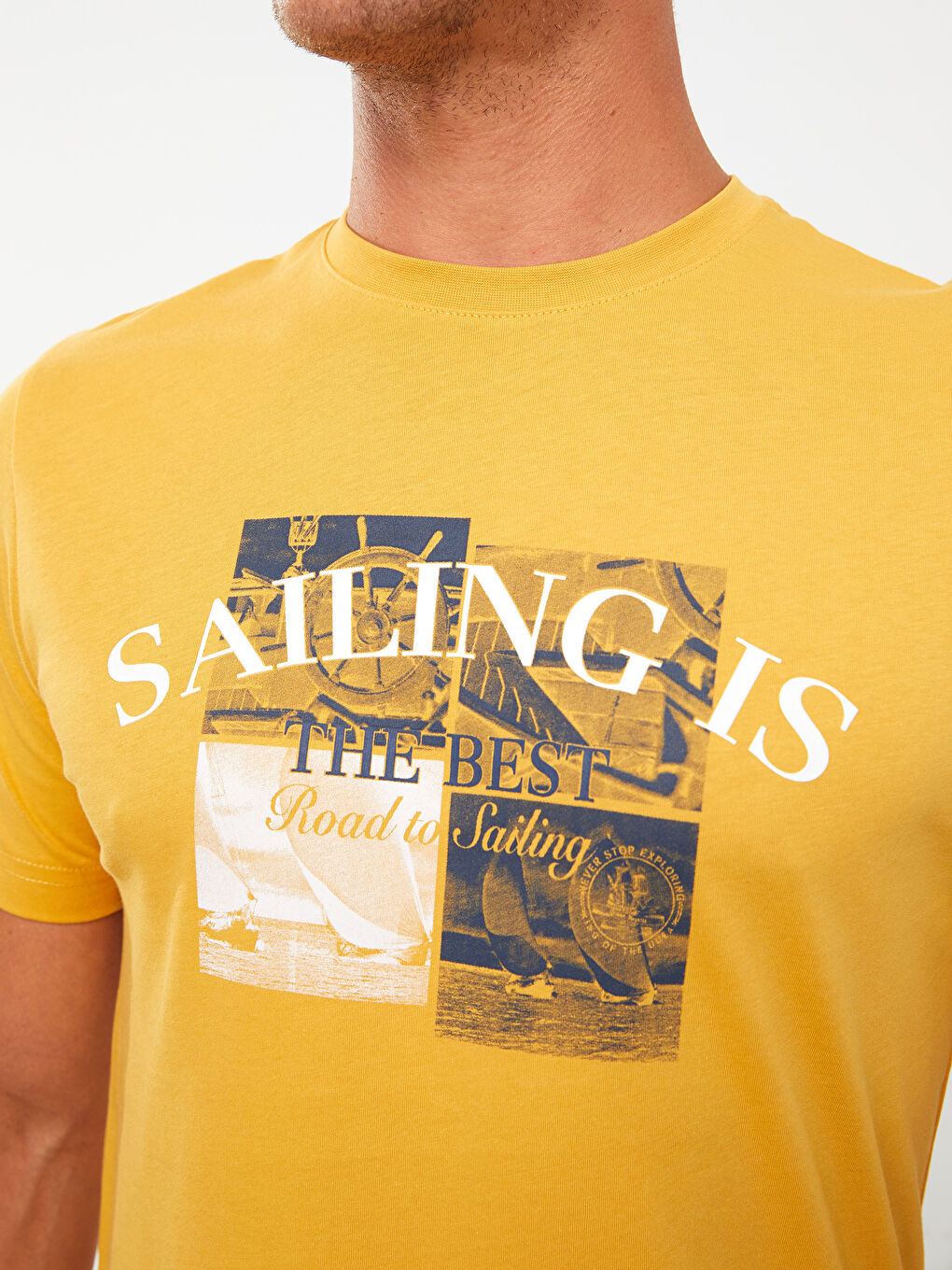 Sarı Bisiklet Yaka Kısa Kollu Baskılı Penye Erkek Tişört-3