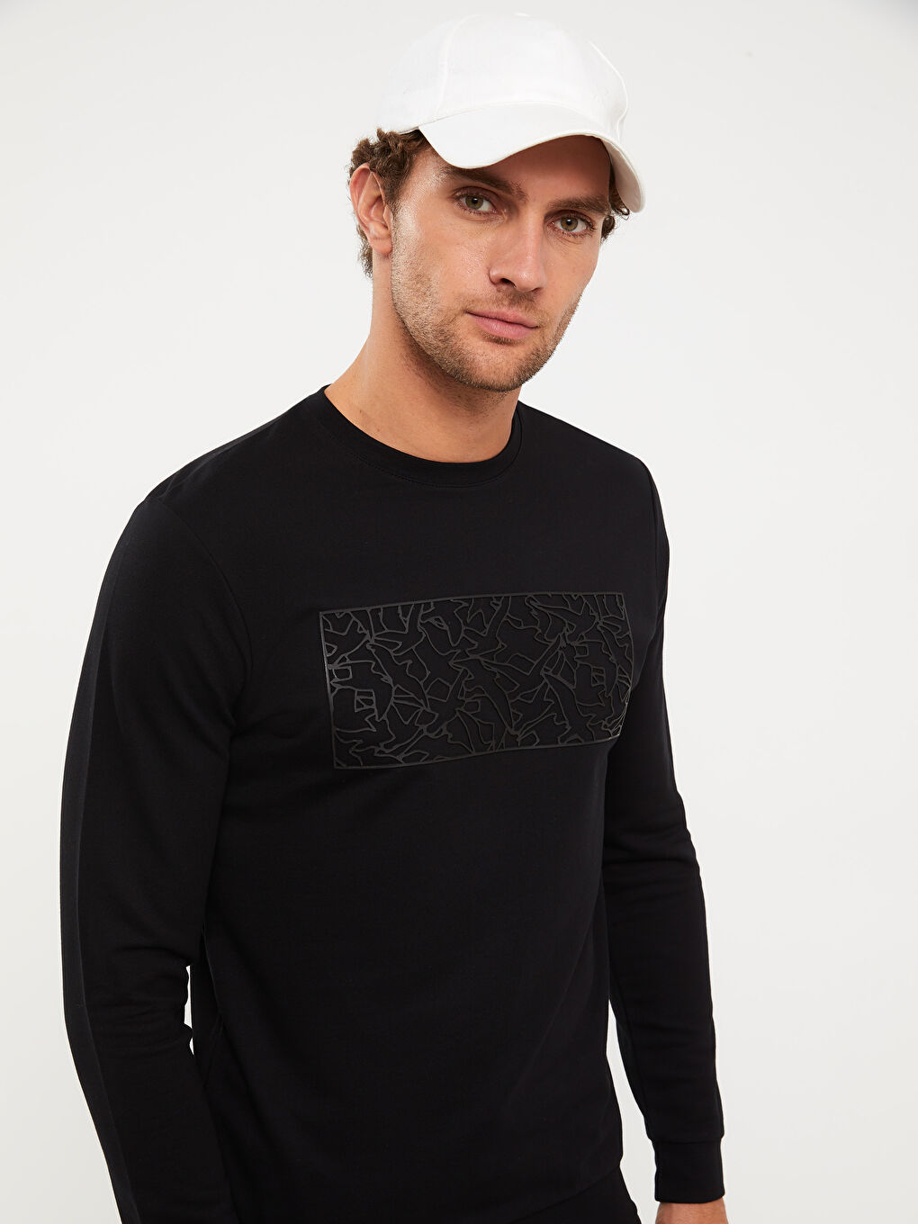 Siyah Bisiklet Yaka Uzun Kollu Baskılı Erkek Sweatshirt-1