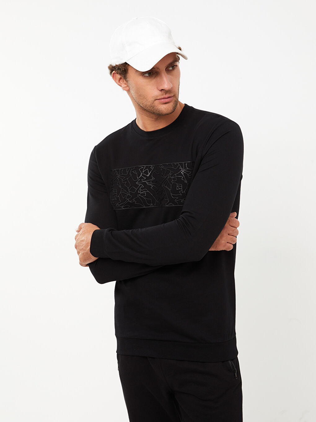 Siyah Bisiklet Yaka Uzun Kollu Baskılı Erkek Sweatshirt-3