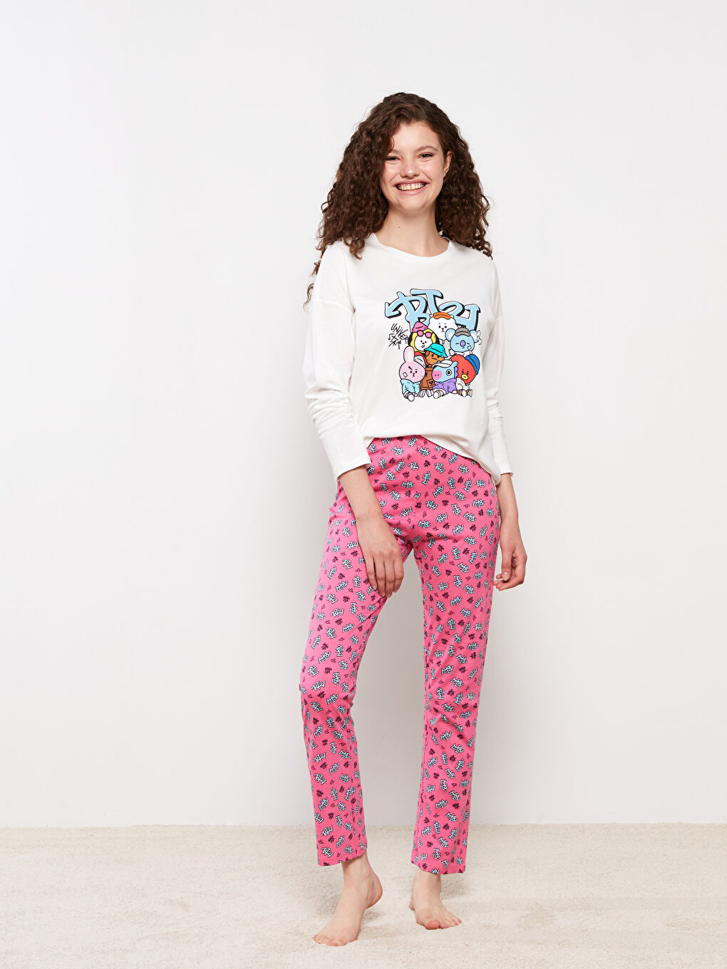 Crew Neck BT21 Printed Long Sleeve Cotton Women's Pajama Set