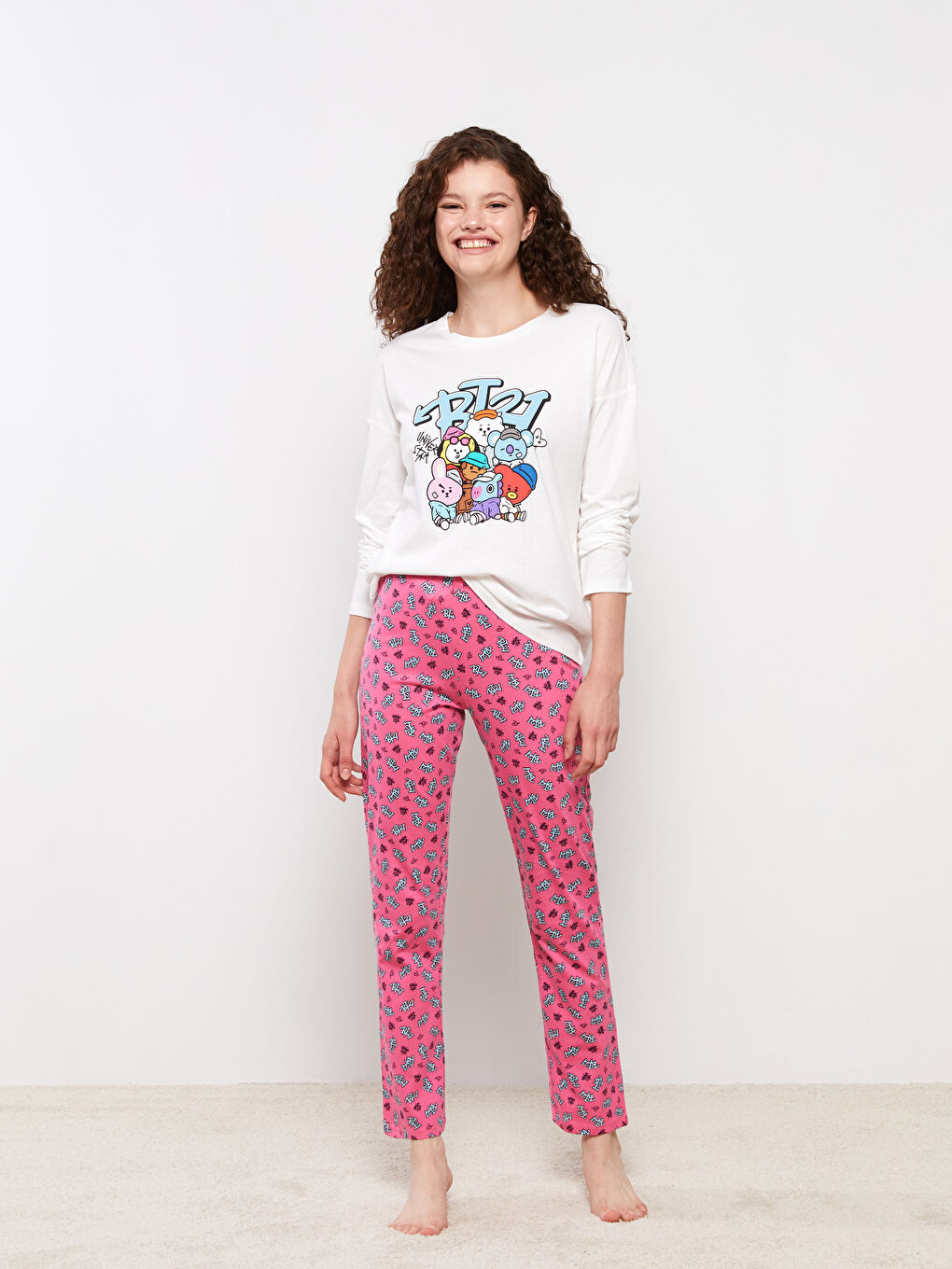 Crew Neck BT21 Printed Long Sleeve Cotton Women's Pajama Set-1