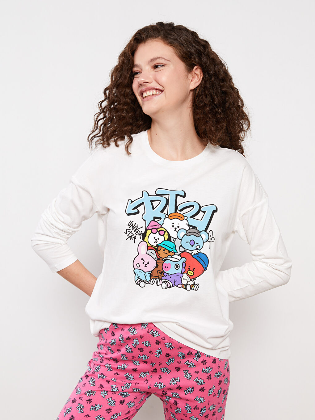 Crew Neck BT21 Printed Long Sleeve Cotton Women's Pajama Set-2