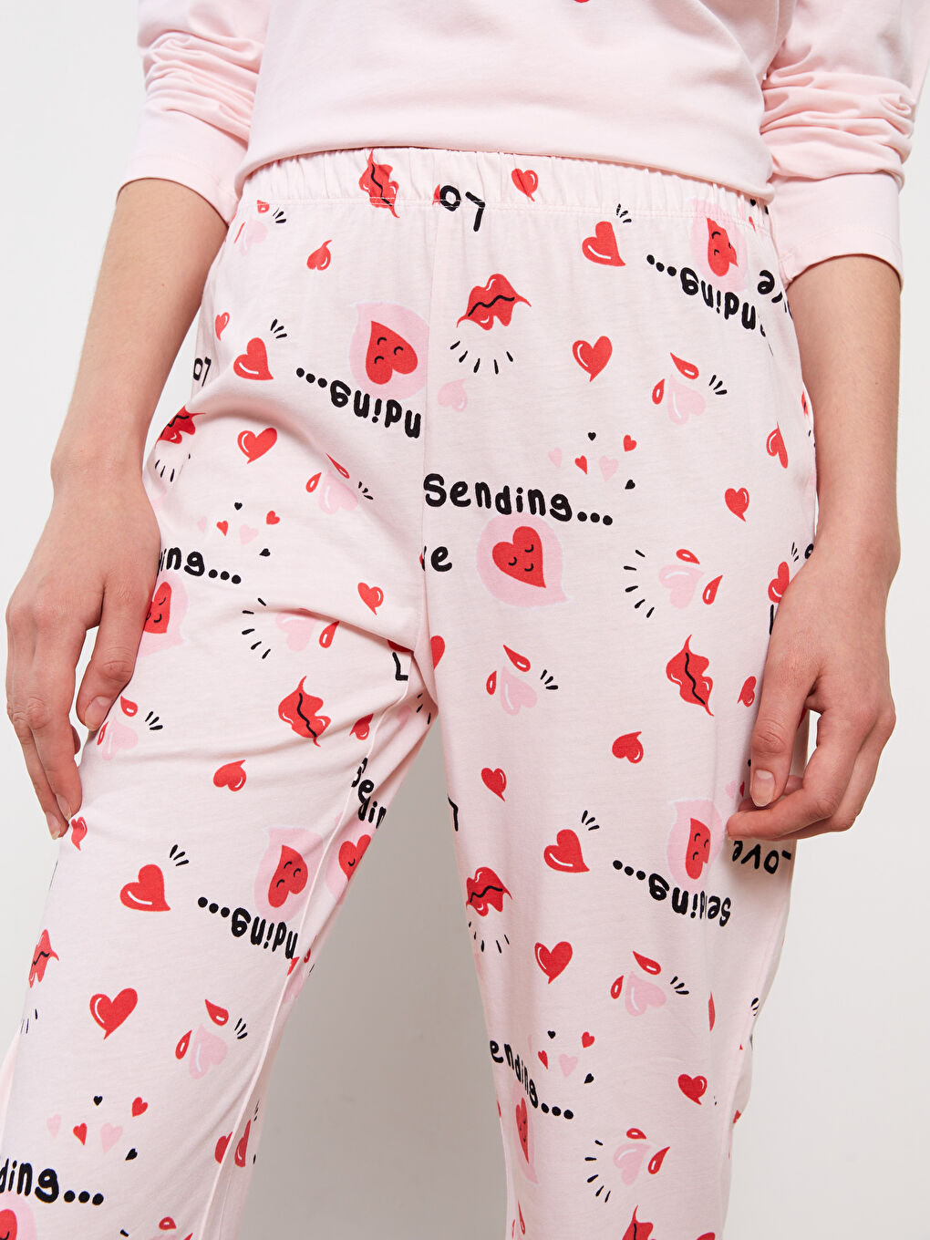 Pembe Bisiklet Yaka Baskılı Uzun Kollu Pamuklu Kadın Pijama Takımı-3