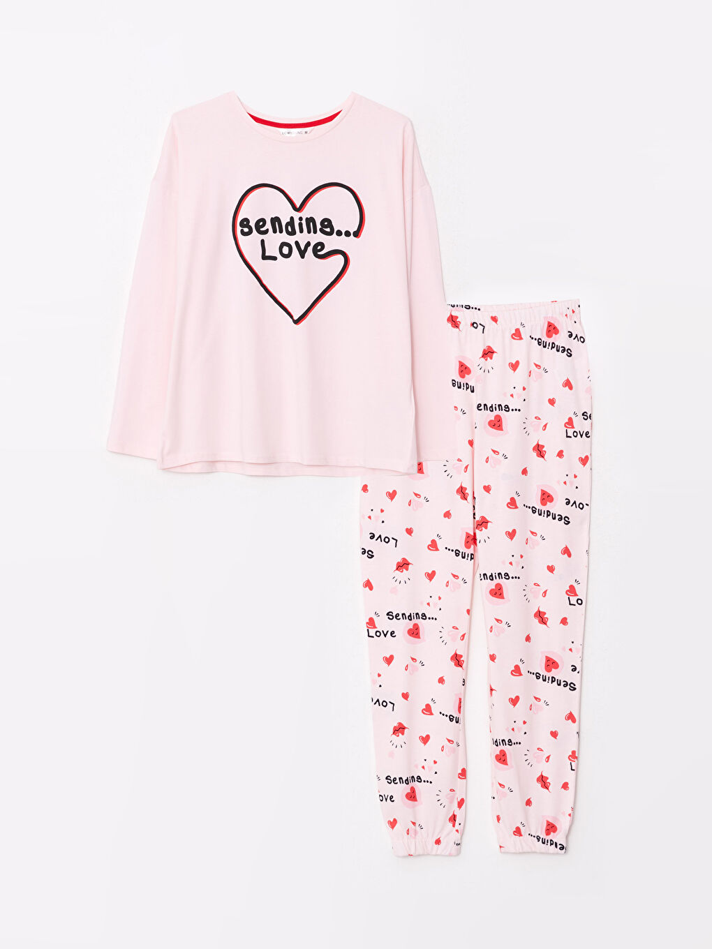 Pembe Bisiklet Yaka Baskılı Uzun Kollu Pamuklu Kadın Pijama Takımı-5