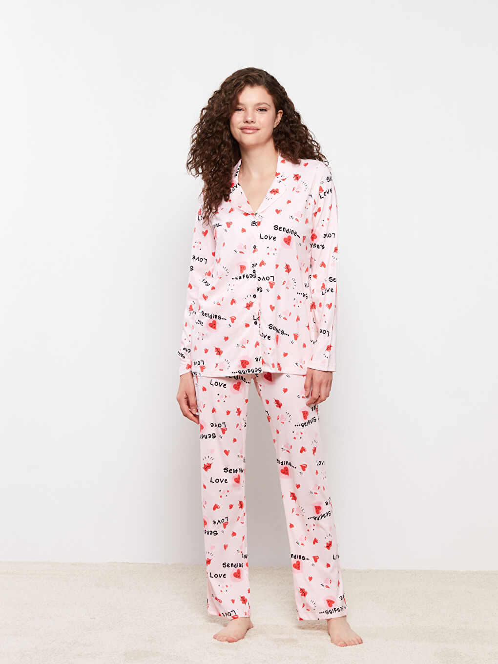 Shirt Neck Patterned Long Sleeve Cotton Women's Pajama Set-1