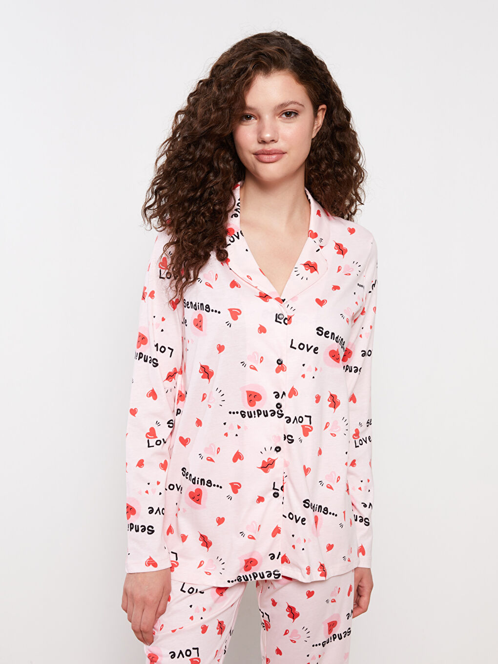 Shirt Neck Patterned Long Sleeve Cotton Women's Pajama Set-2