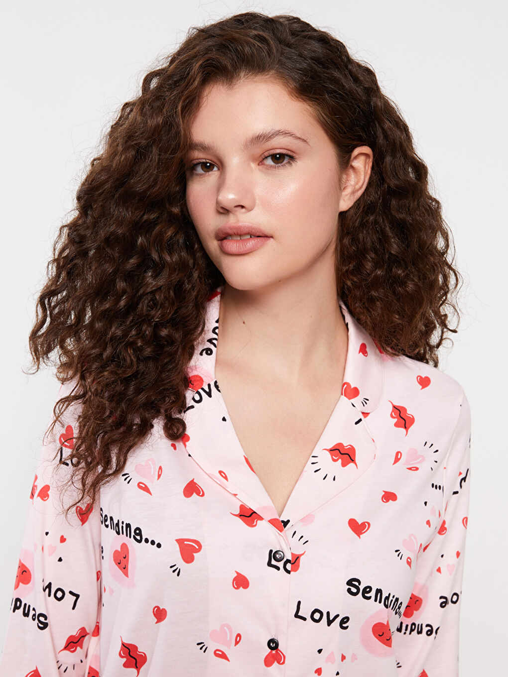 Shirt Neck Patterned Long Sleeve Cotton Women's Pajama Set-3