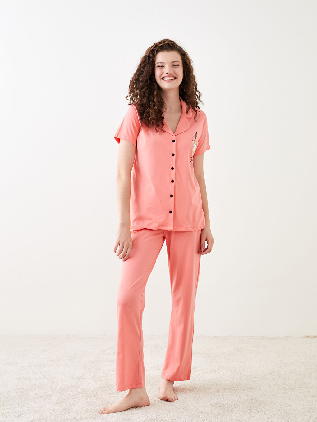 Shirt Neck Printed Short Sleeve Cotton Women's Pajama Set-2