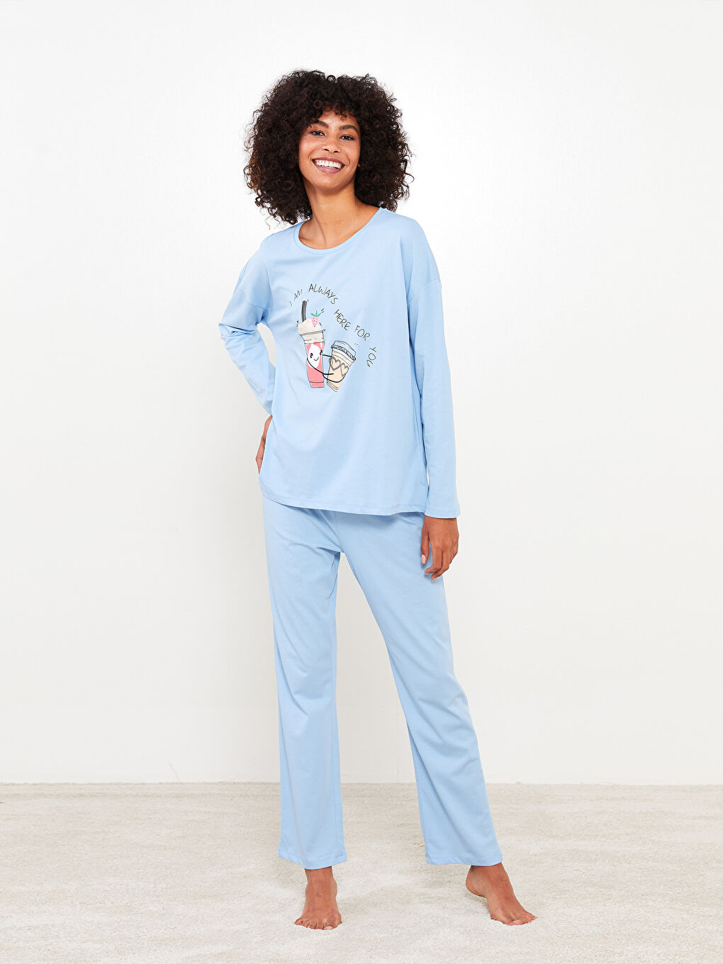 LCW Young Crew Neck Printed Long Sleeve Cotton Women's Pajama Set -W28147Z8-G4M