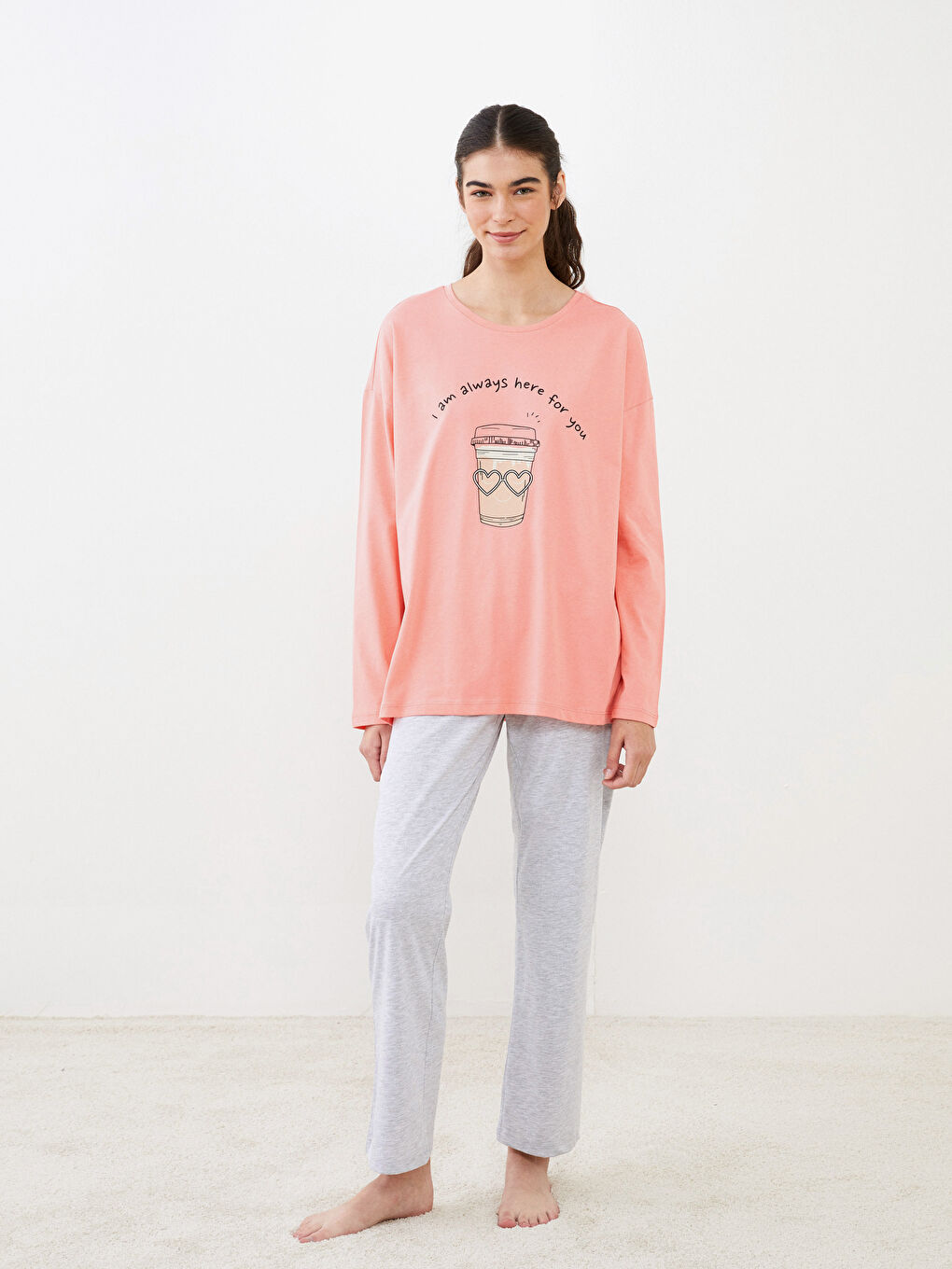 Crew Neck Printed Long Sleeve Cotton Women's Pajama Set