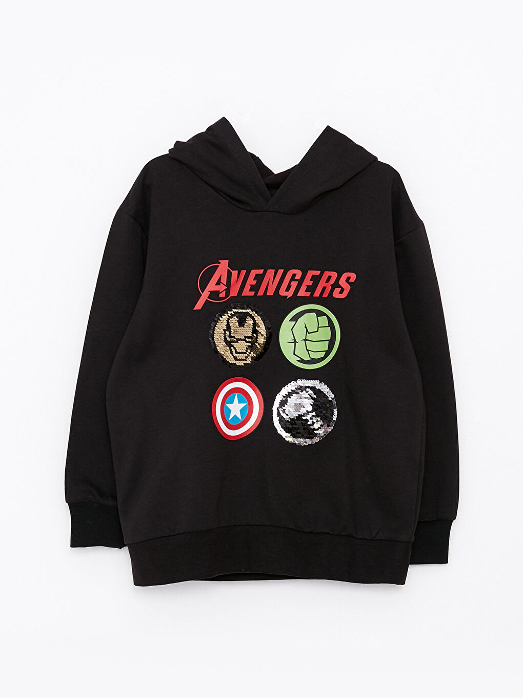 LCW Kids Siyah Kapüşonlu Avengers Baskılı Uzun Kollu Erkek Çocuk Sweatshirt