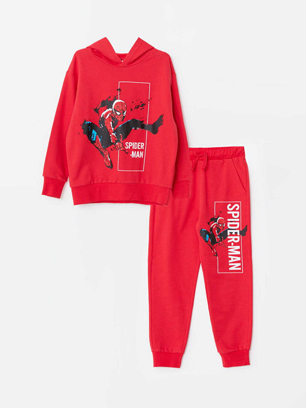 Kırmızı Kapüşonlu Spider-Man Baskılı Uzun Kollu Erkek Çocuk Sweatshirt ve Eşofman Altı