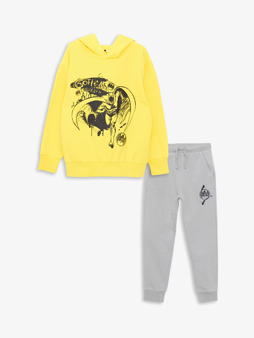 Sarı Kapüşonlu Batman Baskılı Uzun Kollu Erkek Çocuk Sweatshirt ve Eşofman Altı