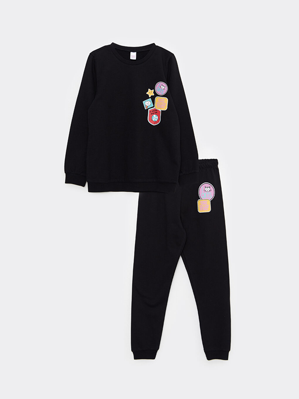 Siyah Bisiklet Yaka Baskılı Uzun Kollu Kız Çocuk Pijama Takımı