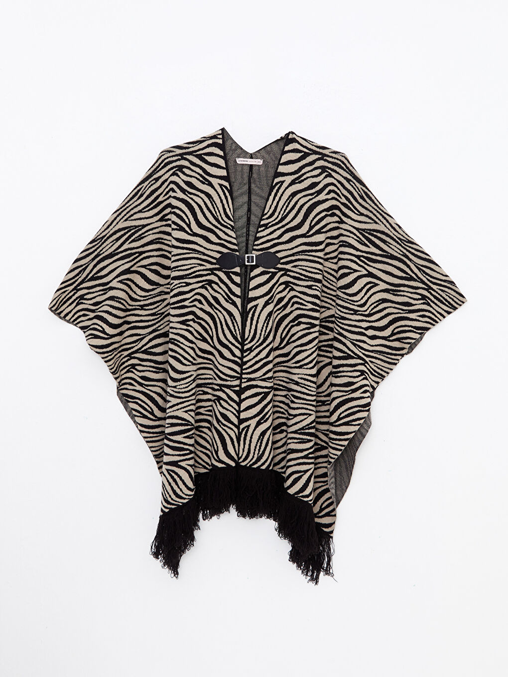 Bej Şal Yaka Desenli Kadın Triko Panço-5