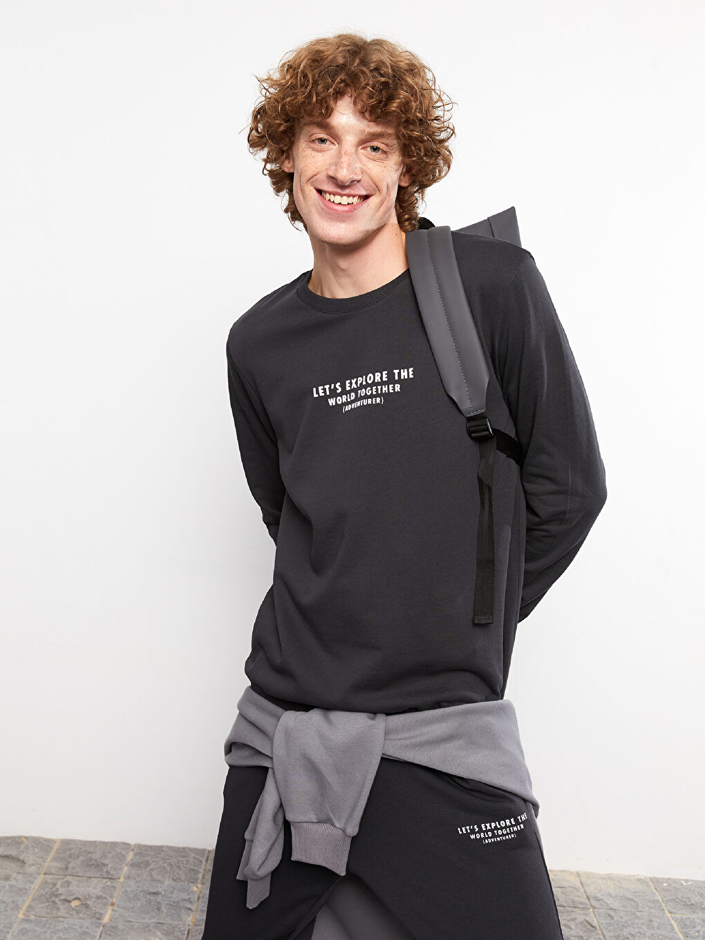 Antrasit Bisiklet Yaka Uzun Kollu Baskılı Erkek Sweatshirt