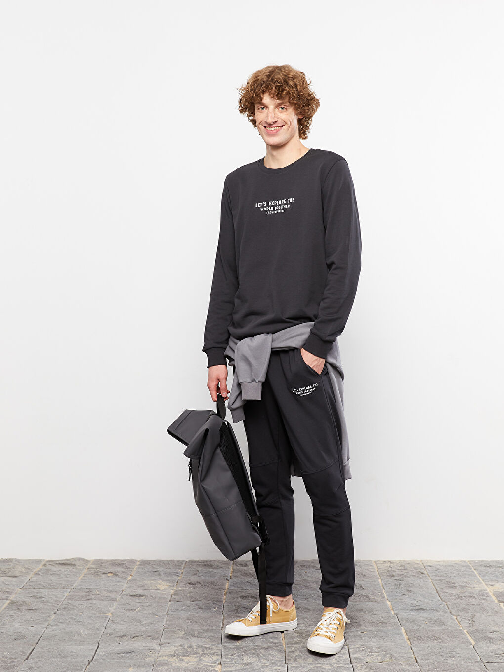 Antrasit Bisiklet Yaka Uzun Kollu Baskılı Erkek Sweatshirt-1