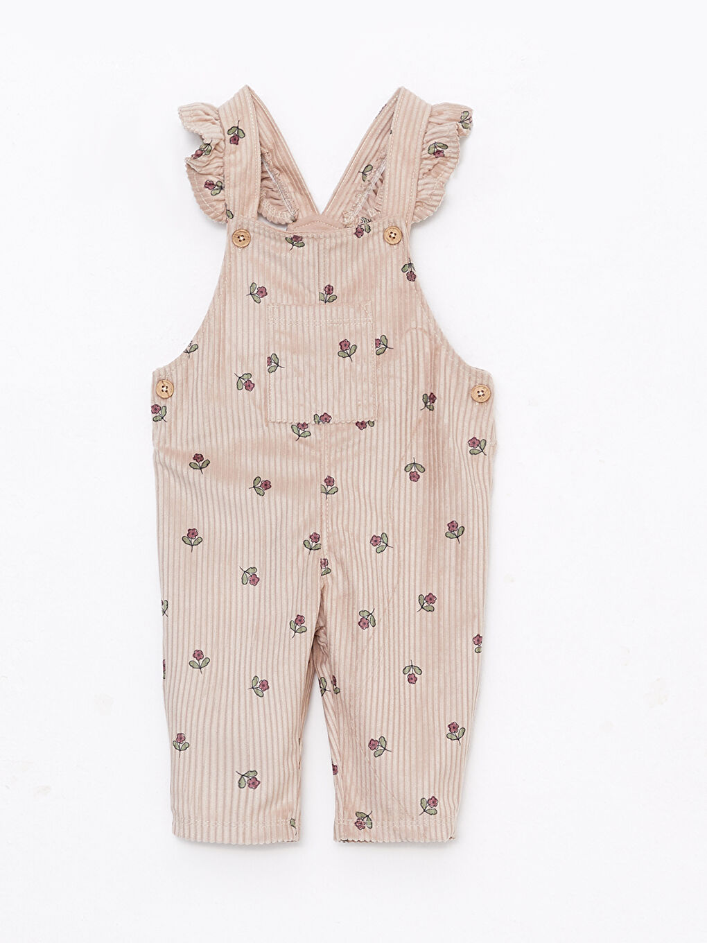 Bej Kare Yaka Baskılı Kız Bebek Kadife Salopet