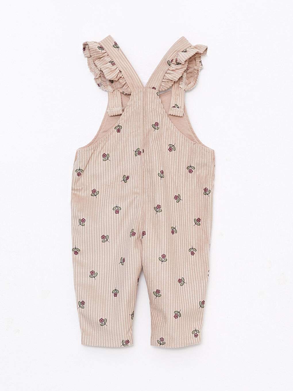 Bej Kare Yaka Baskılı Kız Bebek Kadife Salopet-1