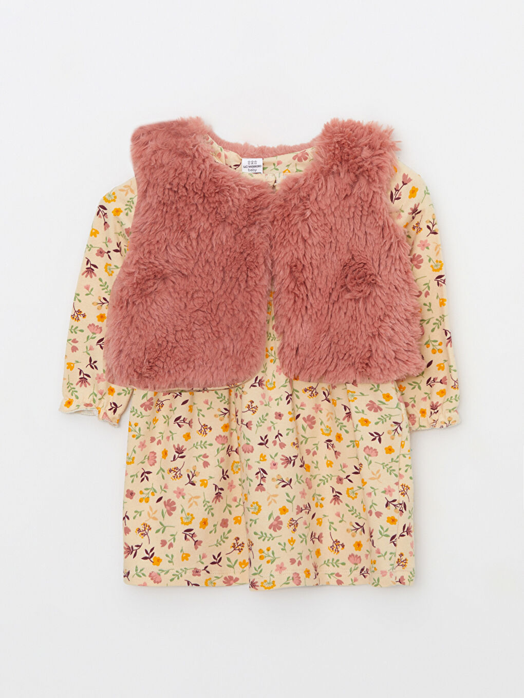 Crew Neck Long Sleeve Printed Baby Girl Dress and Vest 2-Pack Set-1