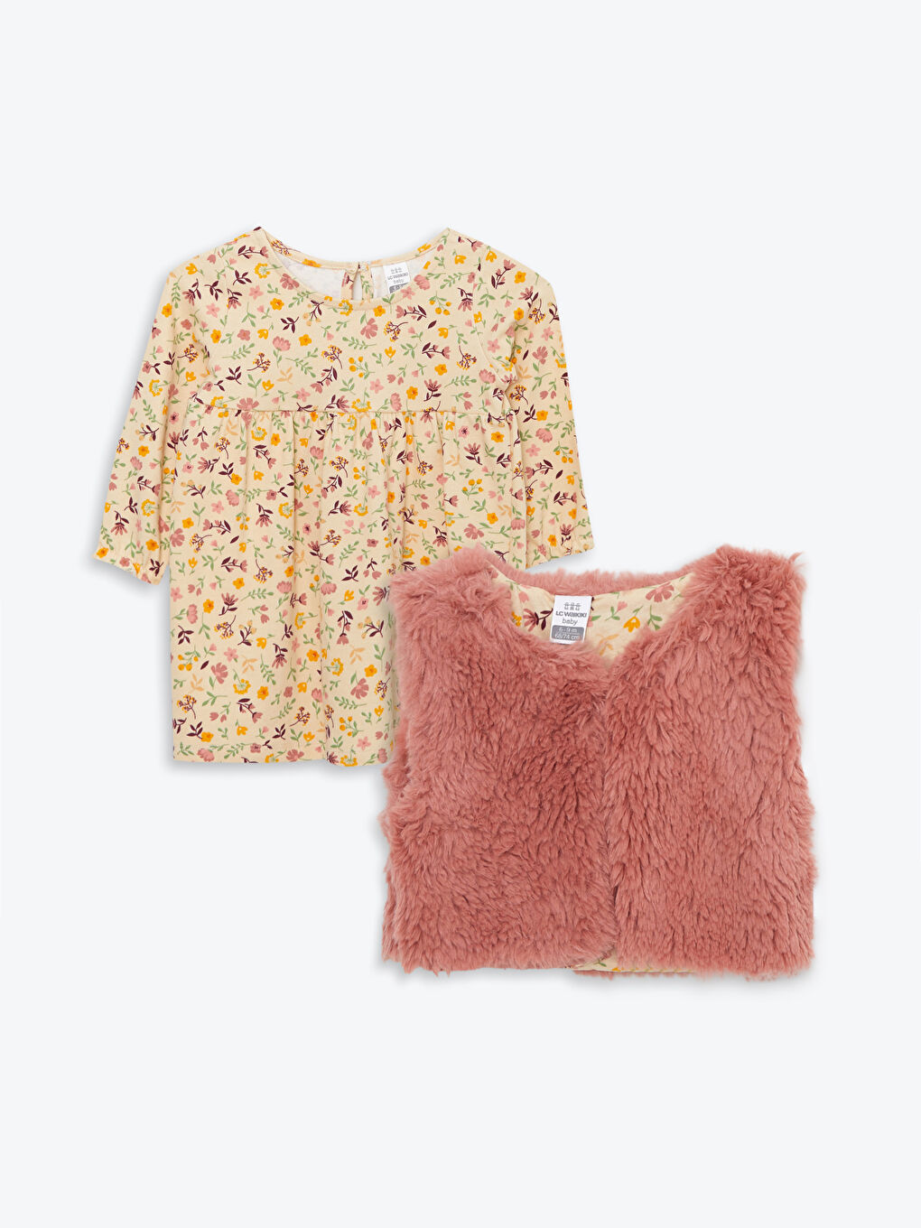 Crew Neck Long Sleeve Printed Baby Girl Dress and Vest 2-Pack Set