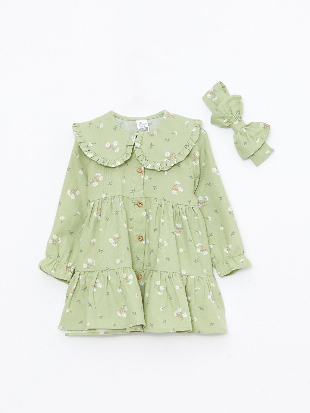 Bebe-Kragen Langarm Bedrucktes Baby Mädchen Kleid und Haarband 2er-Pack Set-1