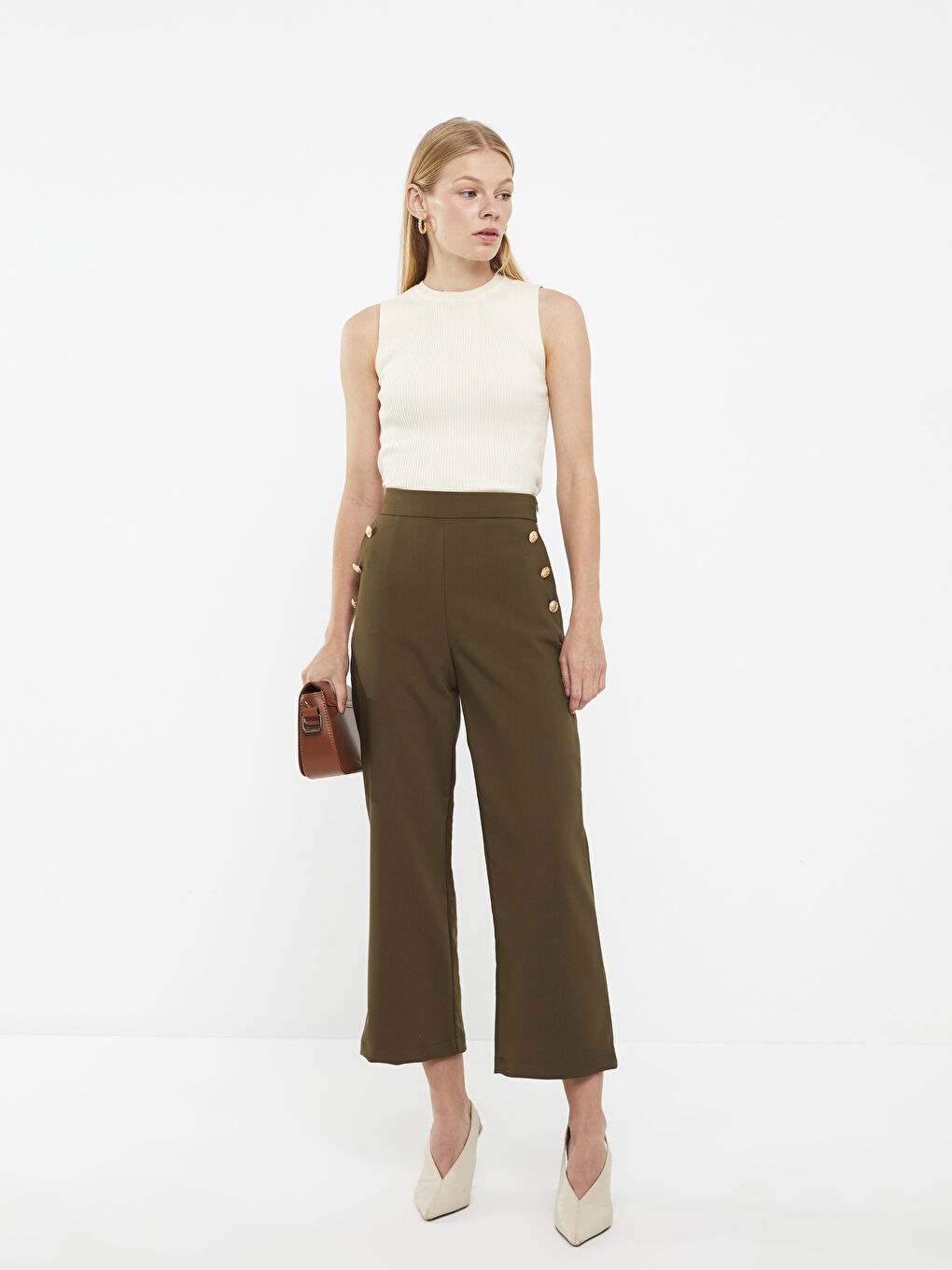 Bej Kadın Bisiklet Yaka Düz Kolsuz Triko Kazak-2