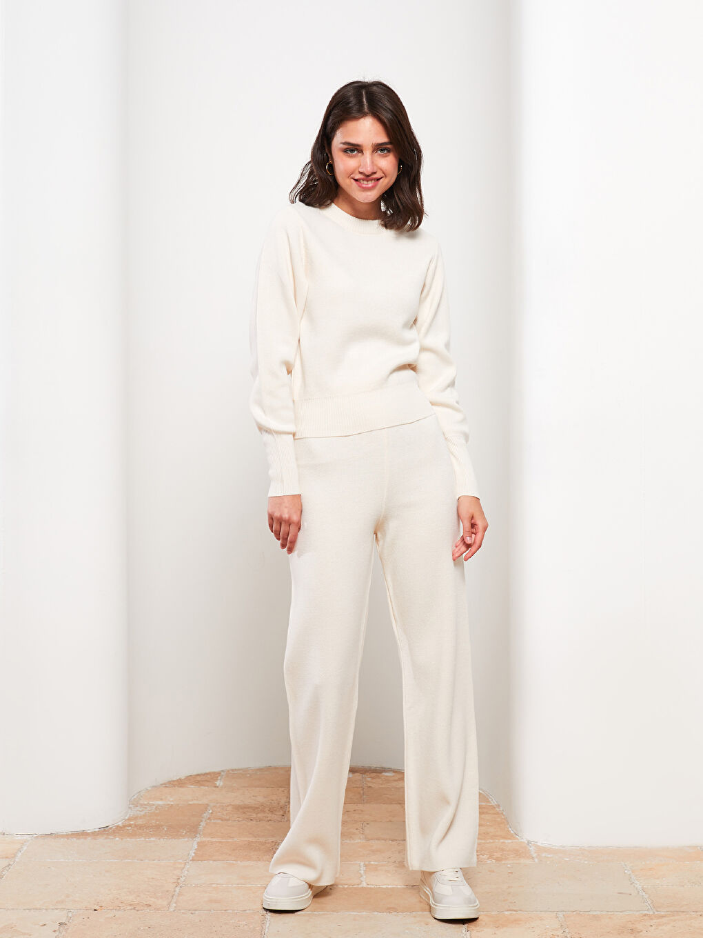 Bej Bisiklet Yaka Düz Uzun Kollu Kadın Triko Kazak-2