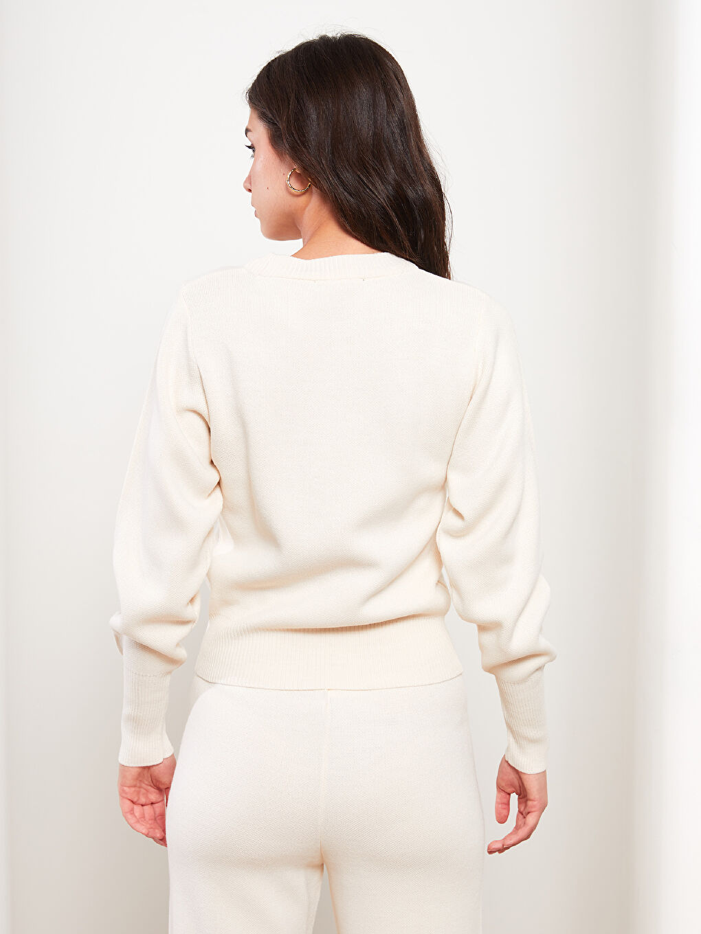 Bej Bisiklet Yaka Düz Uzun Kollu Kadın Triko Kazak-4