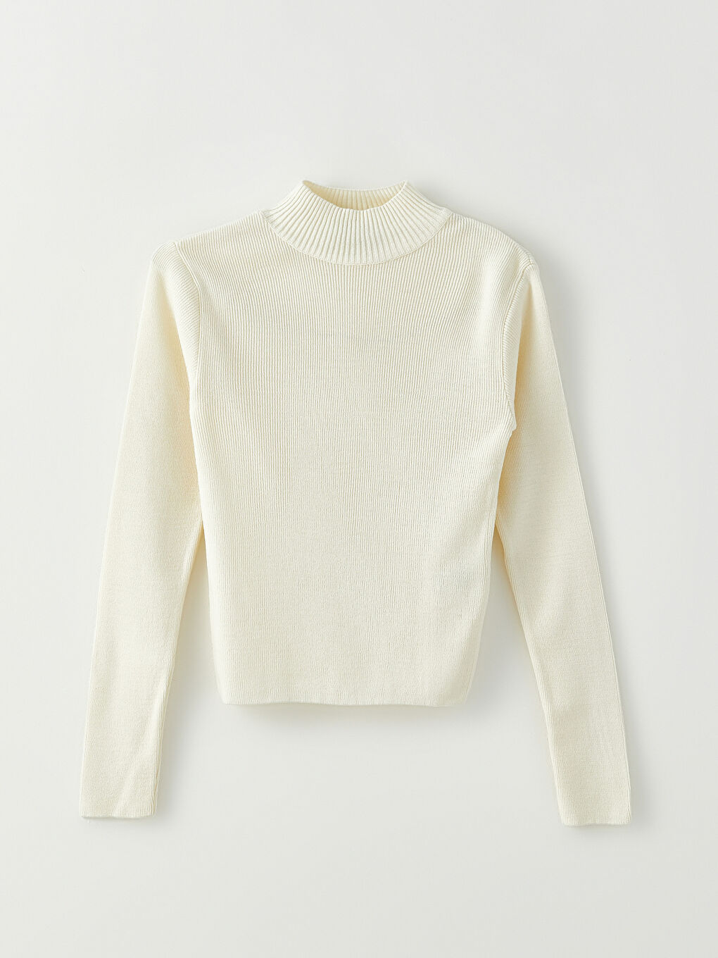 Ekru Dik Yaka Kadın Triko Kazak-4