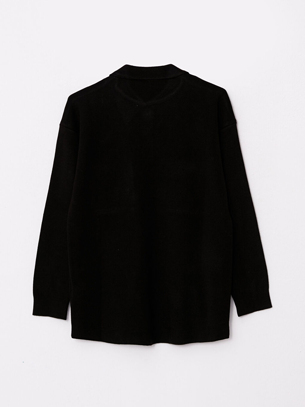 Siyah Polo Yaka Düz Uzun Kollu Pike Kadın Hırka-6