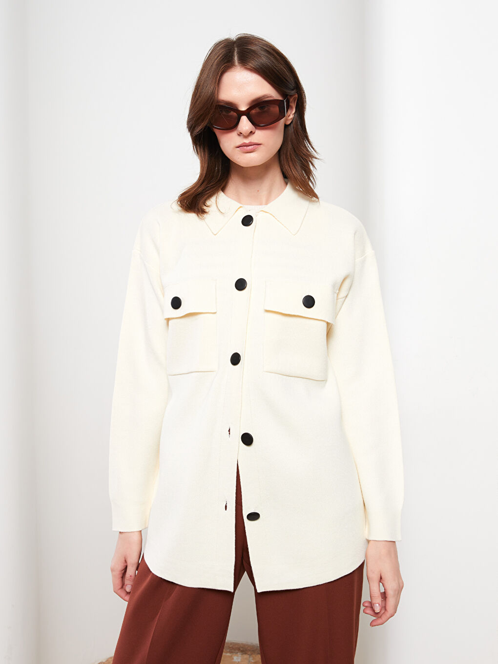 Polo Neck Straight Long Sleeve Pique Women's Cardigan