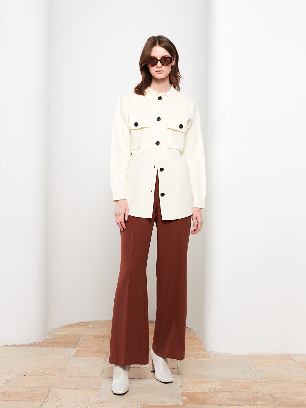 Polo Neck Straight Long Sleeve Pique Women's Cardigan-2