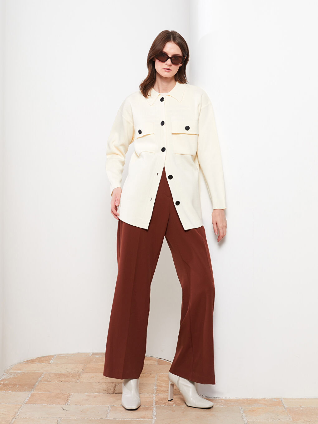 Polo Neck Straight Long Sleeve Pique Women's Cardigan-1