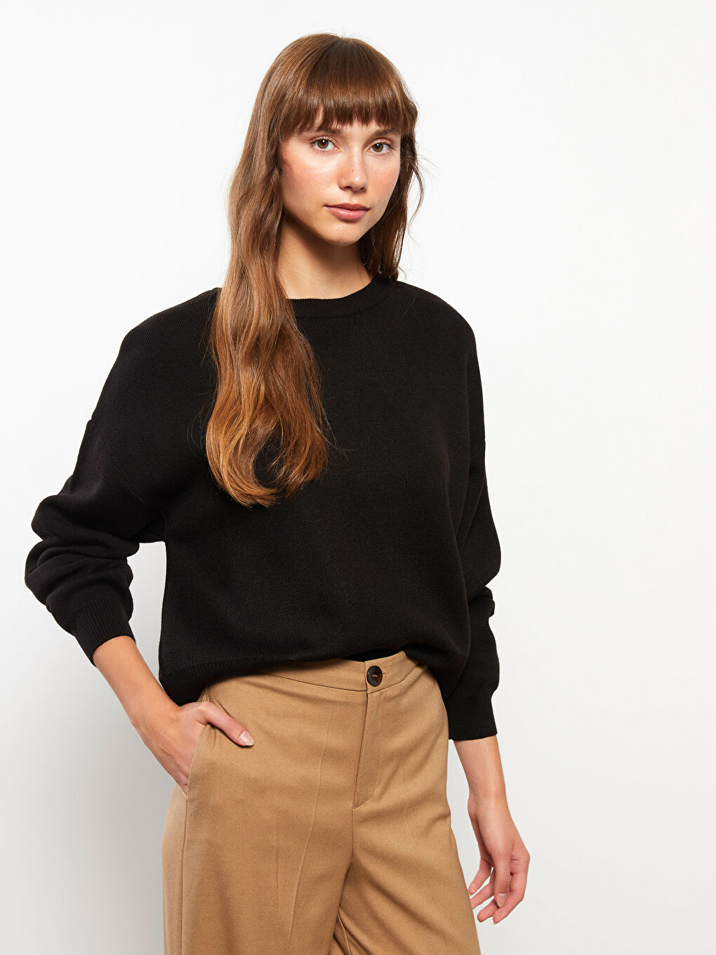 Siyah Bisiklet Yaka Düz Uzun Kollu Kadın Triko Kazak-1