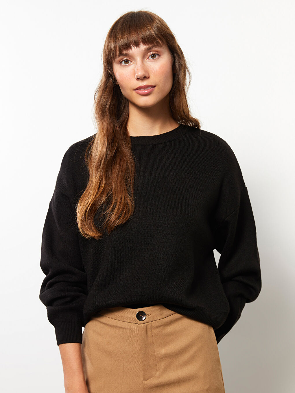 Siyah Bisiklet Yaka Düz Uzun Kollu Kadın Triko Kazak-2