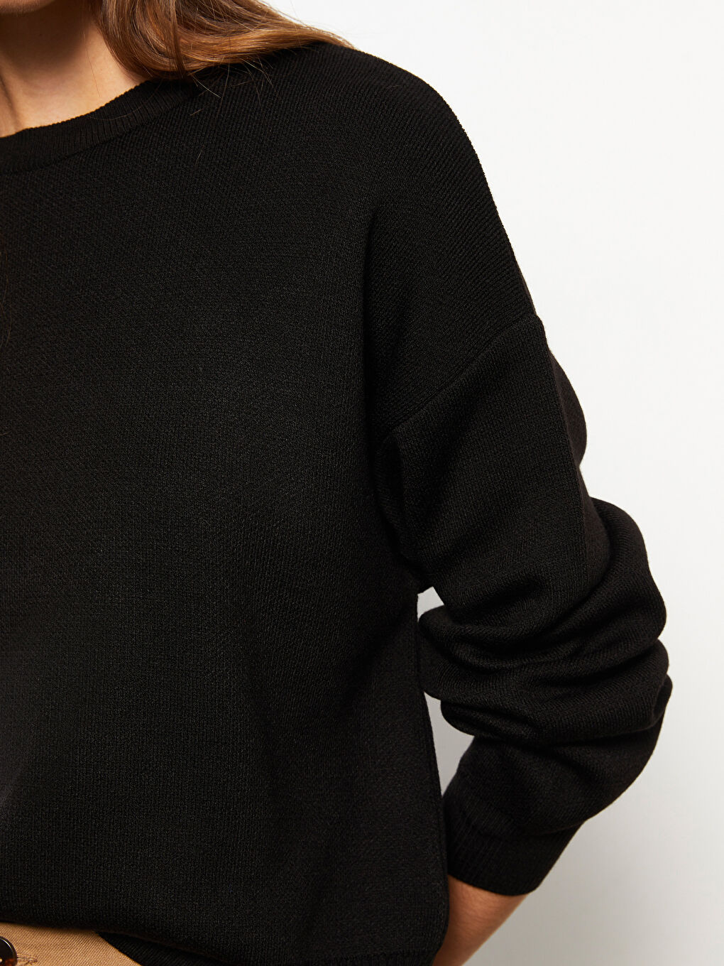 Siyah Bisiklet Yaka Düz Uzun Kollu Kadın Triko Kazak-3