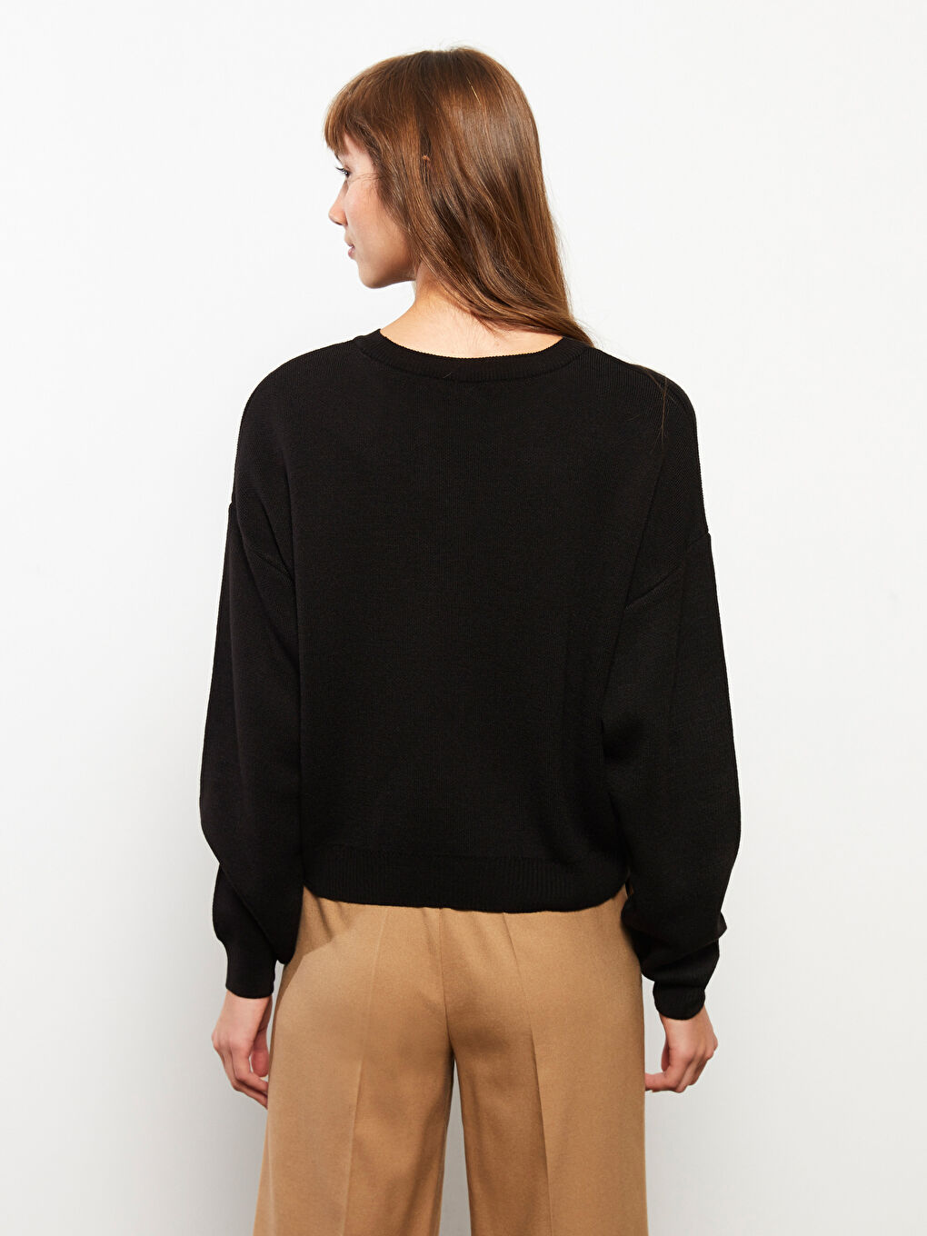 Siyah Bisiklet Yaka Düz Uzun Kollu Kadın Triko Kazak-4